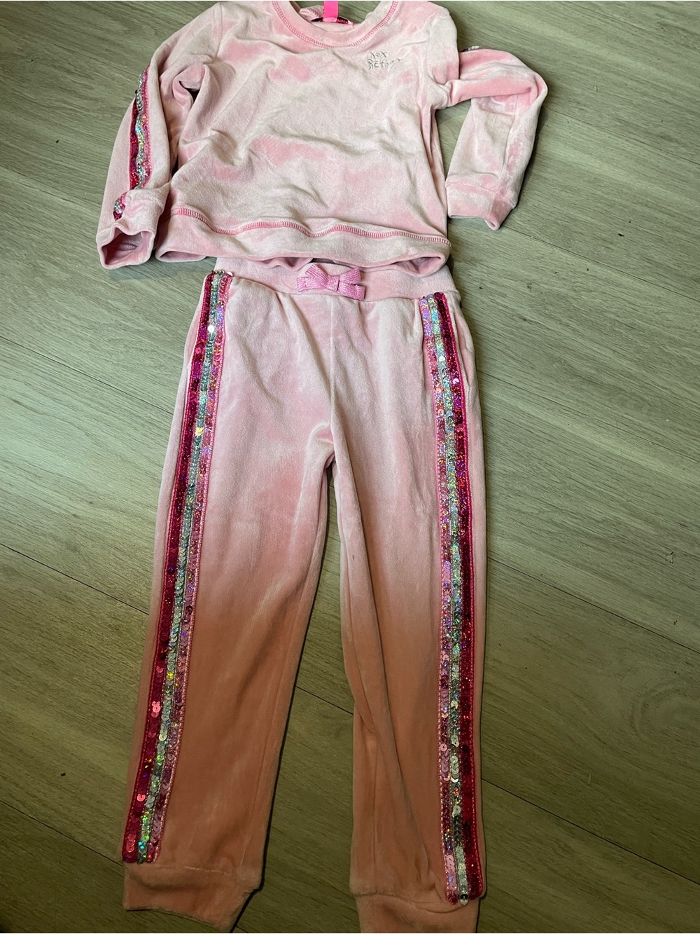 Betsey Johnson Pink Velour Jogger Set with Multicolor Sequin Stripes